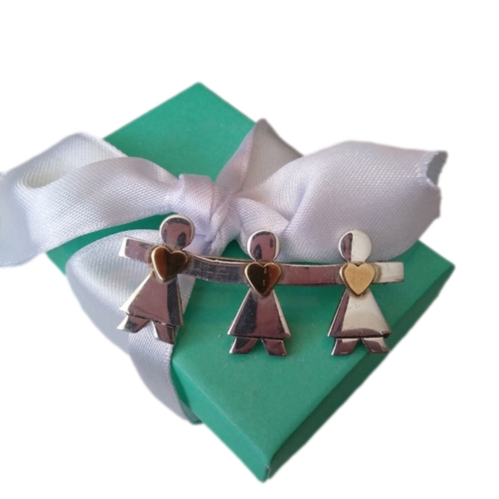 Signed Naldo Sterling Silver 925 Three Paper Dolls Brooch Children